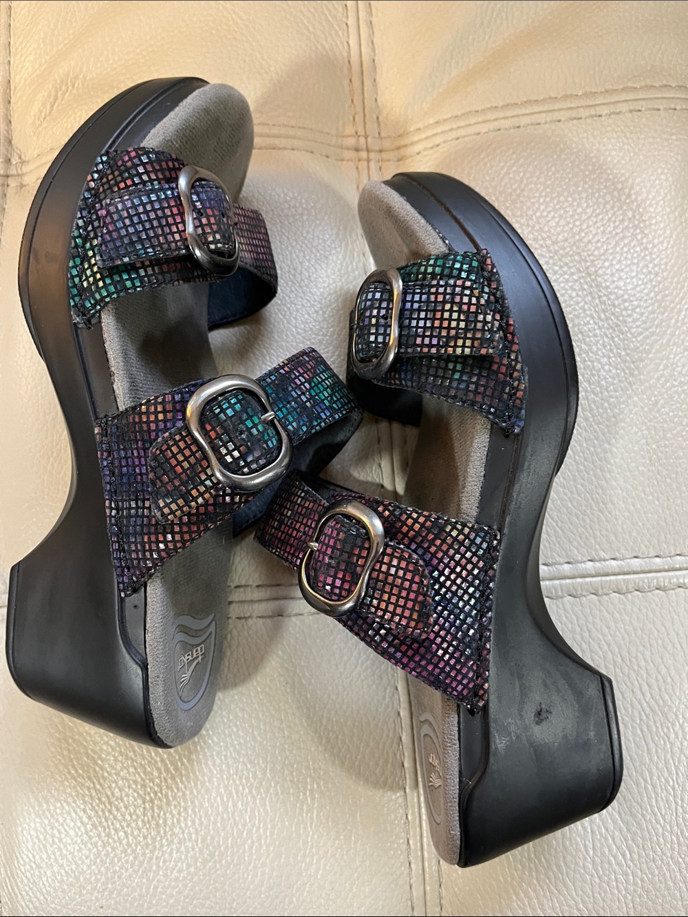 Dansko Mosaic Iridescent Multi-Color Leather Double Strap Clogs